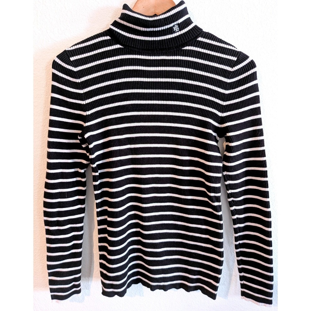 Lauren Ralph Lauren Womens Black White Striped Ribbed Cotton Turtleneck M